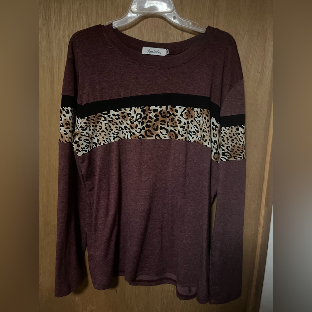 Burgundy Leopard Print Long Sleeve Top xxl